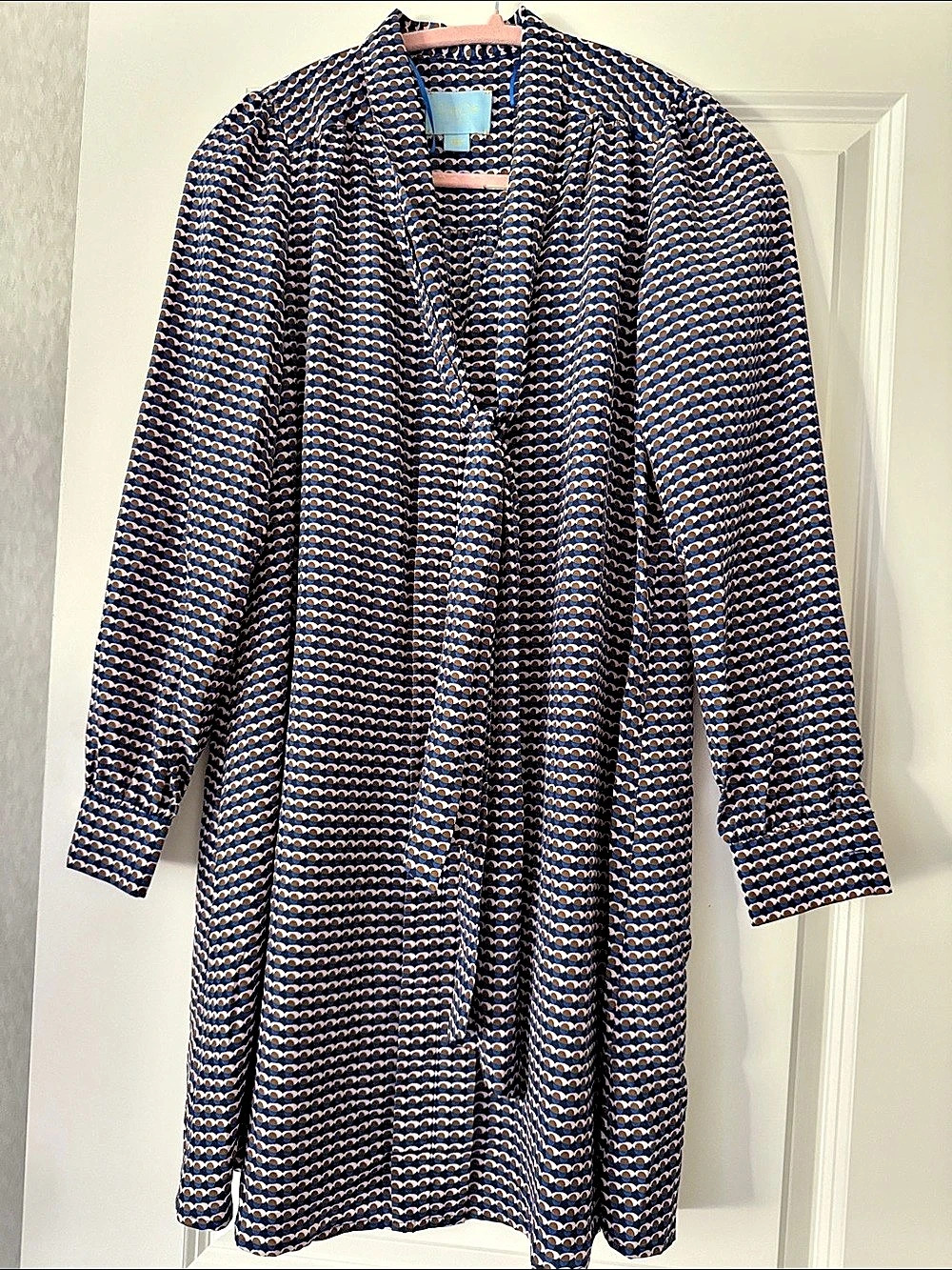 CeCe Long Sleeve Tie Neck Printed Dress Blue & Brown